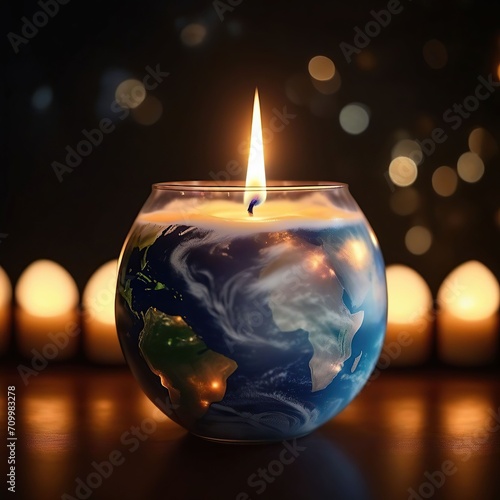 Planet earth burning in a candle with bokeh background. 3D illustration. photo