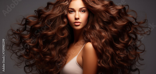 Woman with curly long healthy hair, Healthy Hair banner 