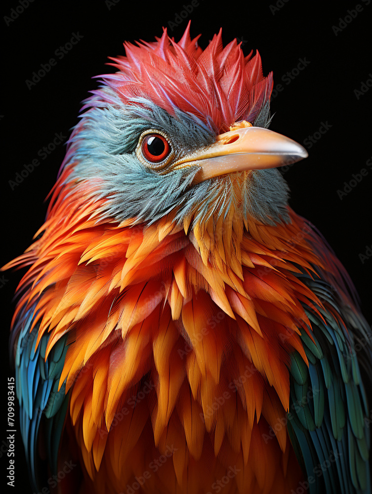 Fototapeta premium surreal acrobatic portrait of a colorful bird created with Generative Ai
