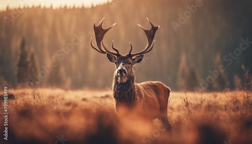 Red deer stag silhouette in the mist