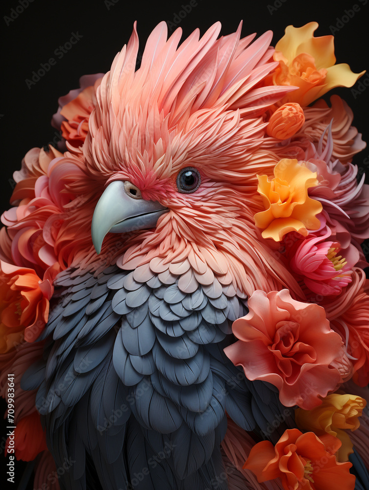 Fototapeta premium surreal acrobatic portrait of a colorful bird created with Generative Ai