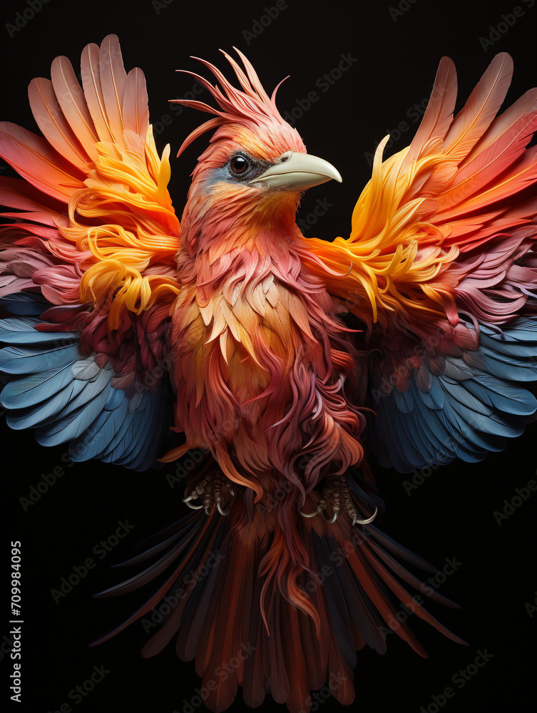 Obraz premium surreal acrobatic portrait of a colorful bird created with Generative Ai