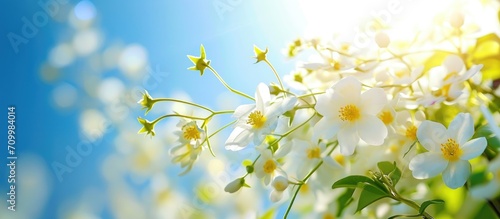 The blooming white flowers with yellow middle, surrounded by green nature under the shining open sky. © AkuAku