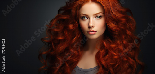 Woman with red curly long healthy hair, Healthy Hair banner 