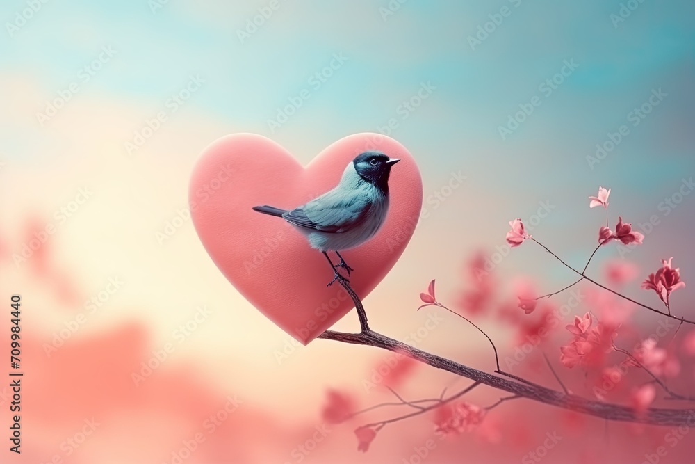 Bird silhouette in heart shape on pastel background for Valentine's Day - obrazy, fototapety, plakaty 