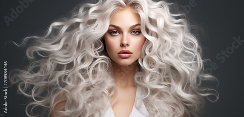 Woman with white curly long healthy hair, Healthy Hair banner 