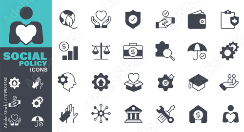Social policy Icons set. Solid icon collection. Vector graphic elements, Business, Symbol, Healthcare and Medicine, Security, Education, Law, Employee, Government