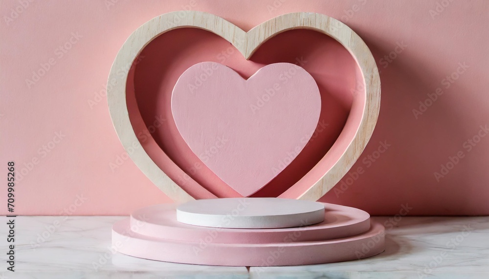 pastel pink heart shaped podium stage backdrop for product display stand 3d rendering