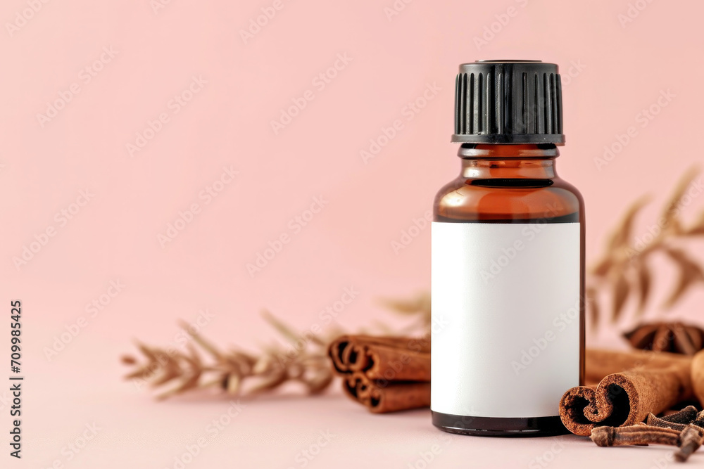 bottle with oil with cinnamon , promotional shot, mock up bottle with oil with cinnamon , promotional shot, mock up
