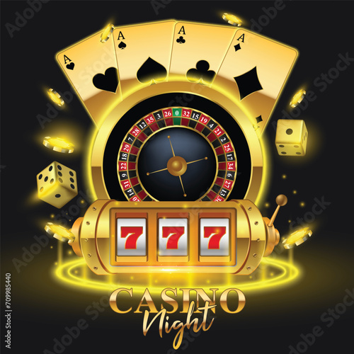 Casino night invitation template design with golden casino slot machine, golden dice and casino poker card on black background