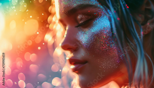 Portrait of a girl in colored sparkles with beautiful eyes and lips against a background of bright bokeh.