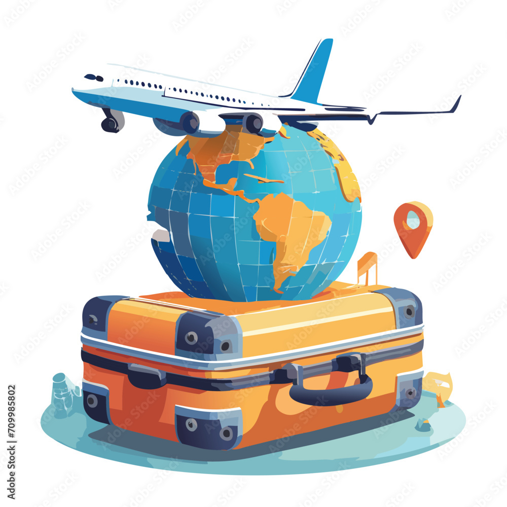 Luggage tourism trip planning world tour with airplane, location on suitcase of travel online, leisure touring holiday summer concept. passsport, recreation, Vector EPS10
