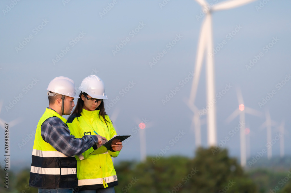 Two engineers working and holding the report at wind turbine farm Power Generator Station on mountain,Thailand people,Technician man and woman discuss about work Two engineers working and holding the report at wind turbine farm Power Generator Station on mountain,Thailand people,Technician man and woman discuss about work