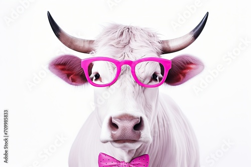 bull portrait with pink glasses. banner with a white background