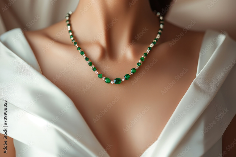 Woman wearing necklace with natural gem stones 