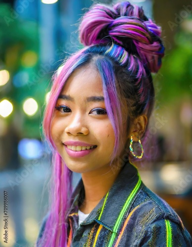 Portrait of a Young Woman with Neon Hairstyle and Soft Makeup
