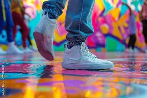 A close-up of a breakdancer's feet doing intricate footwork on a dance floor with colorful graffiti art, during an international breakdance competition photo