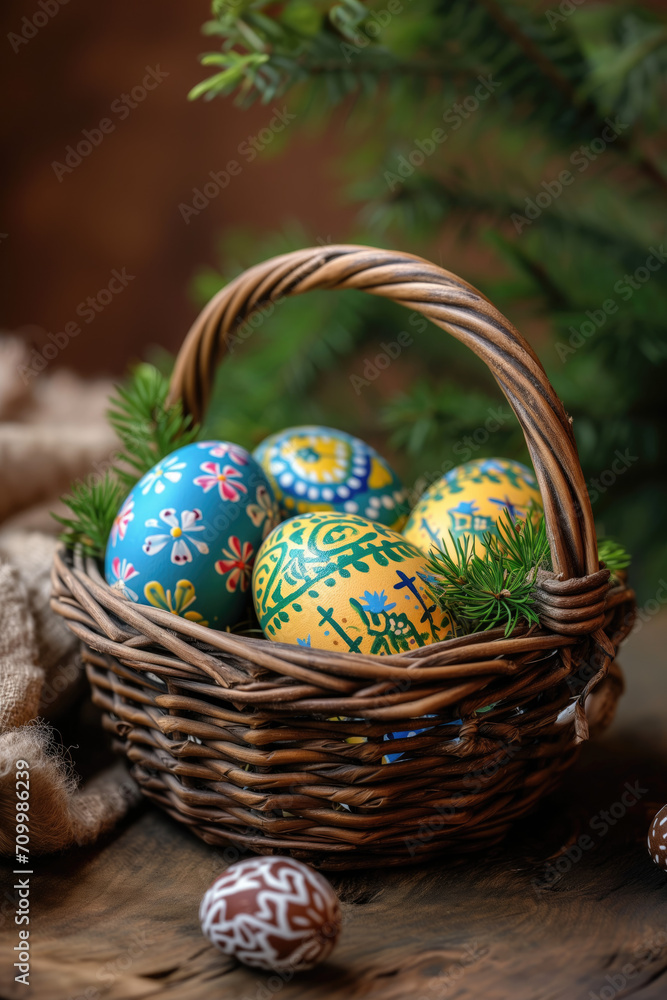 Easter painted eggs in the basket on wooden rustic table Easter painted eggs in the basket on wooden rustic table