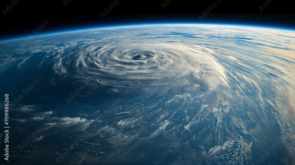 A colossal cyclone swirls over the Pacific Ocean, its vast spiral cloud formations captured in stunning detail from the vantage point of space.