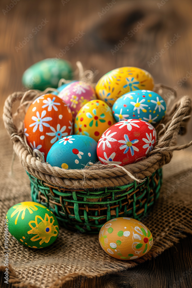 Easter painted eggs in the basket on wooden rustic table Easter painted eggs in the basket on wooden rustic table