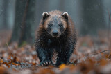 A powerful wolverine prowls through the dense shadows of a forest