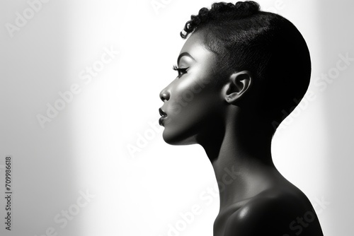 Attractive Young African American Lady With Short Hair Style, Monochrome Portrait, Copy Space