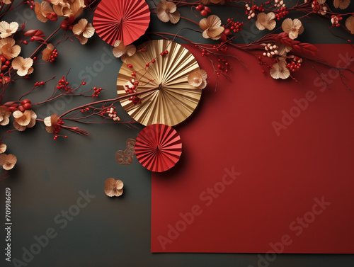 2023 Chinese New Year   flower lantern asian elements gold paper cut style on color background. Greeting Cards  Generative Ai
