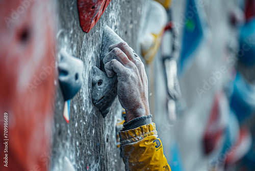 A close-up of a climber's hands gripping a difficult hold, showing the texture of the climbing wall and the focus in their expression, at a world climbing championship  photo