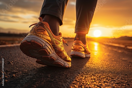 An unidentified man walks in red sneakers on the asphalt towards the sunset. The concept of the big way. photo