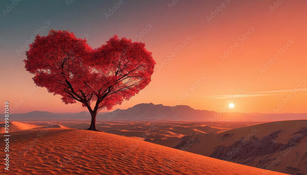 Abstrakcyjny krajobraz, pustynia z drzewem w kształcie serca. generative AI - obrazy, fototapety, plakaty 