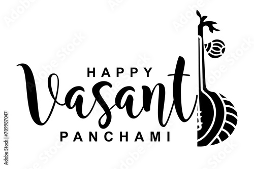 Happy Vasant Panchami lettering with Veena vector illustration.