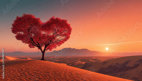Abstrakcyjny krajobraz, pustynia z drzewem w kształcie serca. generative AI