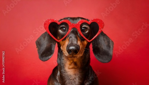 portrait of frustrated dachshund dog in dark heart shaped glasses on red background without emotions indifference in relationship stylized valentine day accessory party gift dating site advertising photo