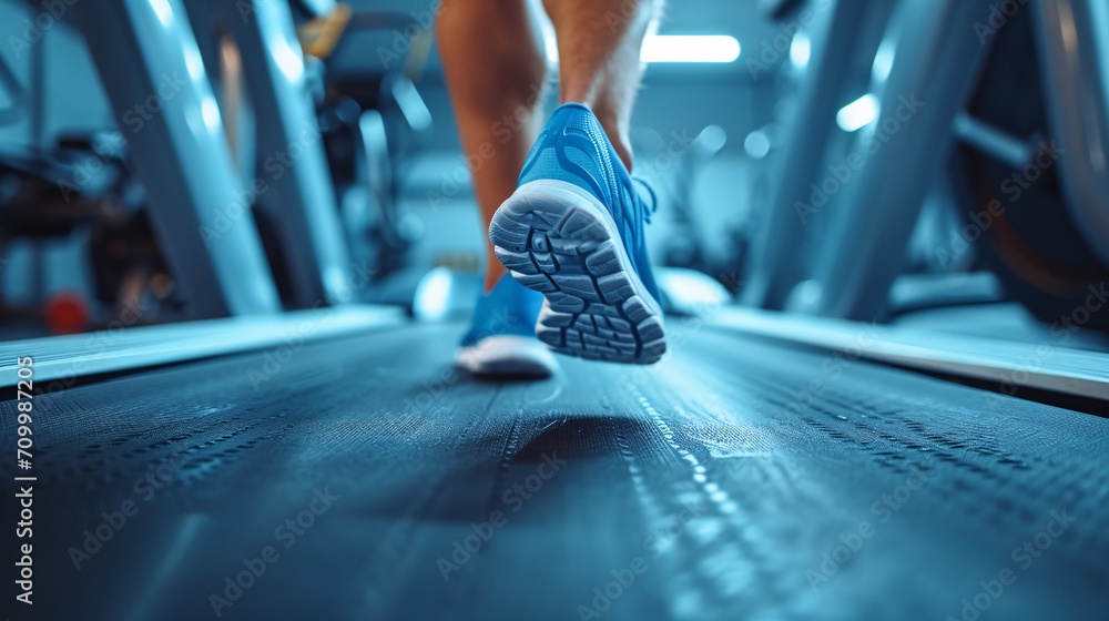 Close up of feet, sportsman runner running on treadmill in fitness club. Cardio workout. Healthy lifestyle, guy training in gym. - obrazy, fototapety, plakaty 