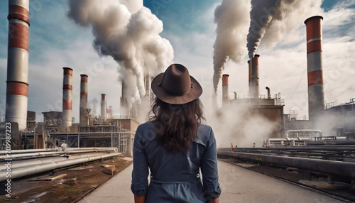  Back view of a woman looking at the factory with tubes with a lot of smoke, pollution concept
