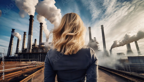  Back view of a woman looking at the factory with tubes with a lot of smoke, pollution concept