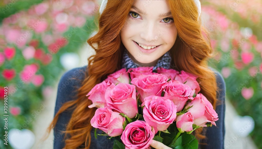 Fototapeta premium Beautiful young girl with bouquet pink roses in hands and hearts around. Valentine's day concept
