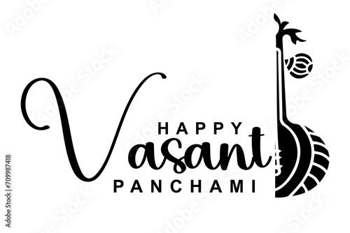 Happy Vasant Panchami lettering with Veena vector illustration.