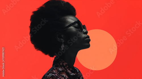 Beautiful black woman in sunglasses profile view. Side view photo of African American with afro hairstyle on red studio background with copy space. Black History Month concept. For banner, poster. photo