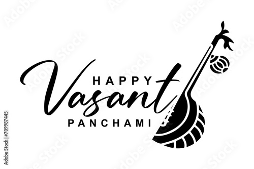 Happy Vasant Panchami lettering with Veena vector illustration.