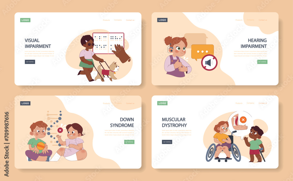 Kid Disability set. Highlighting visual, hearing, Down syndrome, and muscular dystrophy challenges. Advocacy for accessibility and inclusive education. Kid Disability set. Highlighting visual, hearing, Down syndrome, and muscular dystrophy challenges. Advocacy for accessibility and inclusive education.