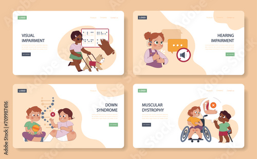 Kid Disability set. Highlighting visual, hearing, Down syndrome, and muscular dystrophy challenges. Advocacy for accessibility and inclusive education.