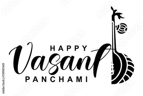 Happy Vasant Panchami lettering with Veena vector illustration.