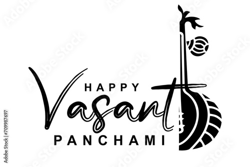 Happy Vasant Panchami lettering with Veena vector illustration.