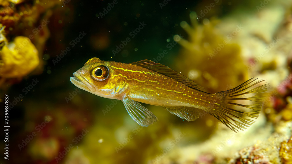 Small fish on the background of a reef, underwater fishing in the Mediterranean sea, an idea for a postcard or invitation for diving during a vacation at sea Small fish on the background of a reef, underwater fishing in the Mediterranean sea, an idea for a postcard or invitation for diving during a vacation at sea