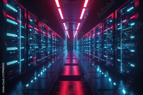 Modern data technology center with server racks in a dark cooled room with excess heat expelled to district heating, cool led lighting.
