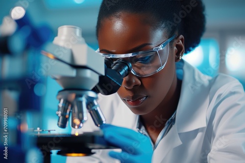 Medical science laboratory portrait of an African American scientist, black woman using microscope with protective glasses.