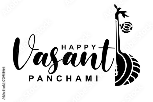 Happy Vasant Panchami lettering with Veena vector illustration.