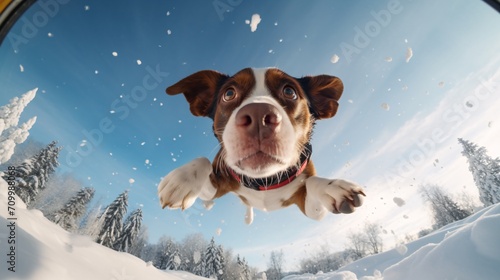 a dog with a hat is flying over the snow, wide angle camera © IgnacioJulian