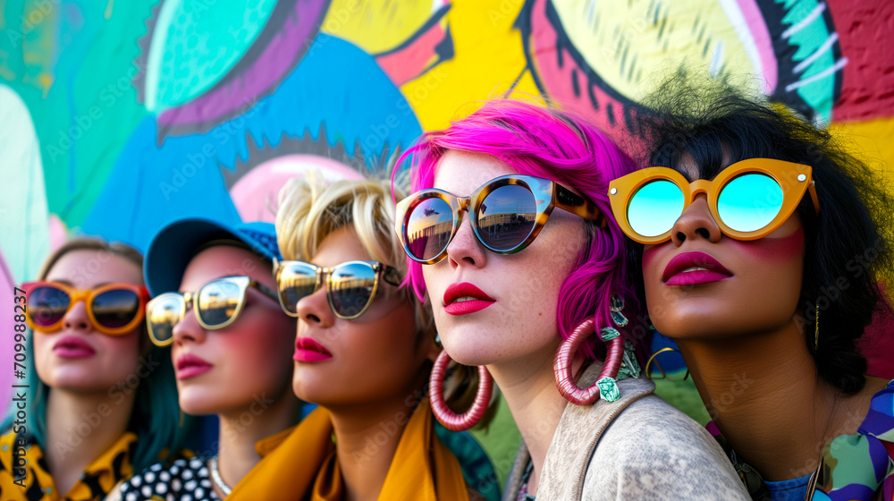 five women with colorful hair fashion and round sunglasses, posing in front of a vibrant graffiti wall